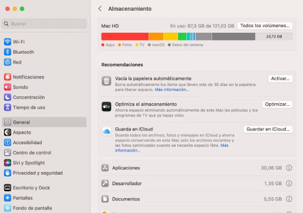 Barra de almacenamiento en los Ajustes del Sistema de Mac para revisar y borrar el espacio Otros