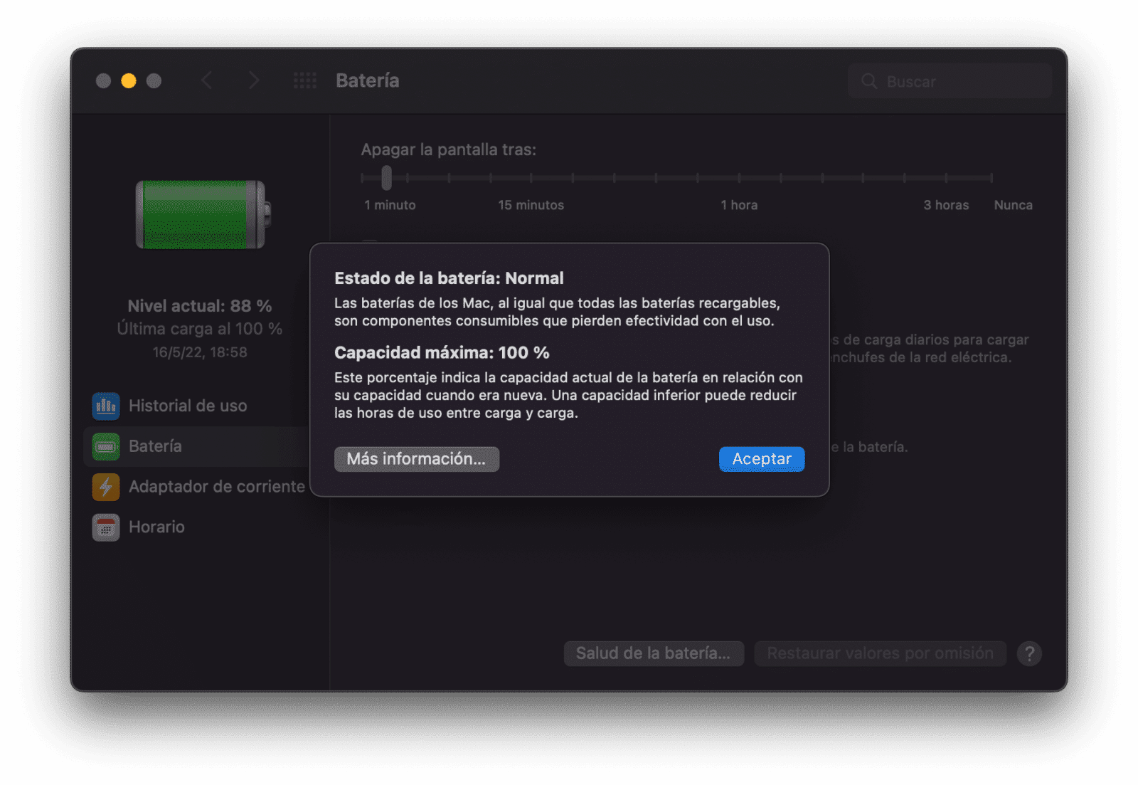panatlla de ciclos de batería del mac